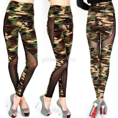 Women Sexy Mesh Camouflage Leggings High Waist Patchwork Stretchy Slim Army Camo Leggings Leggings SM6