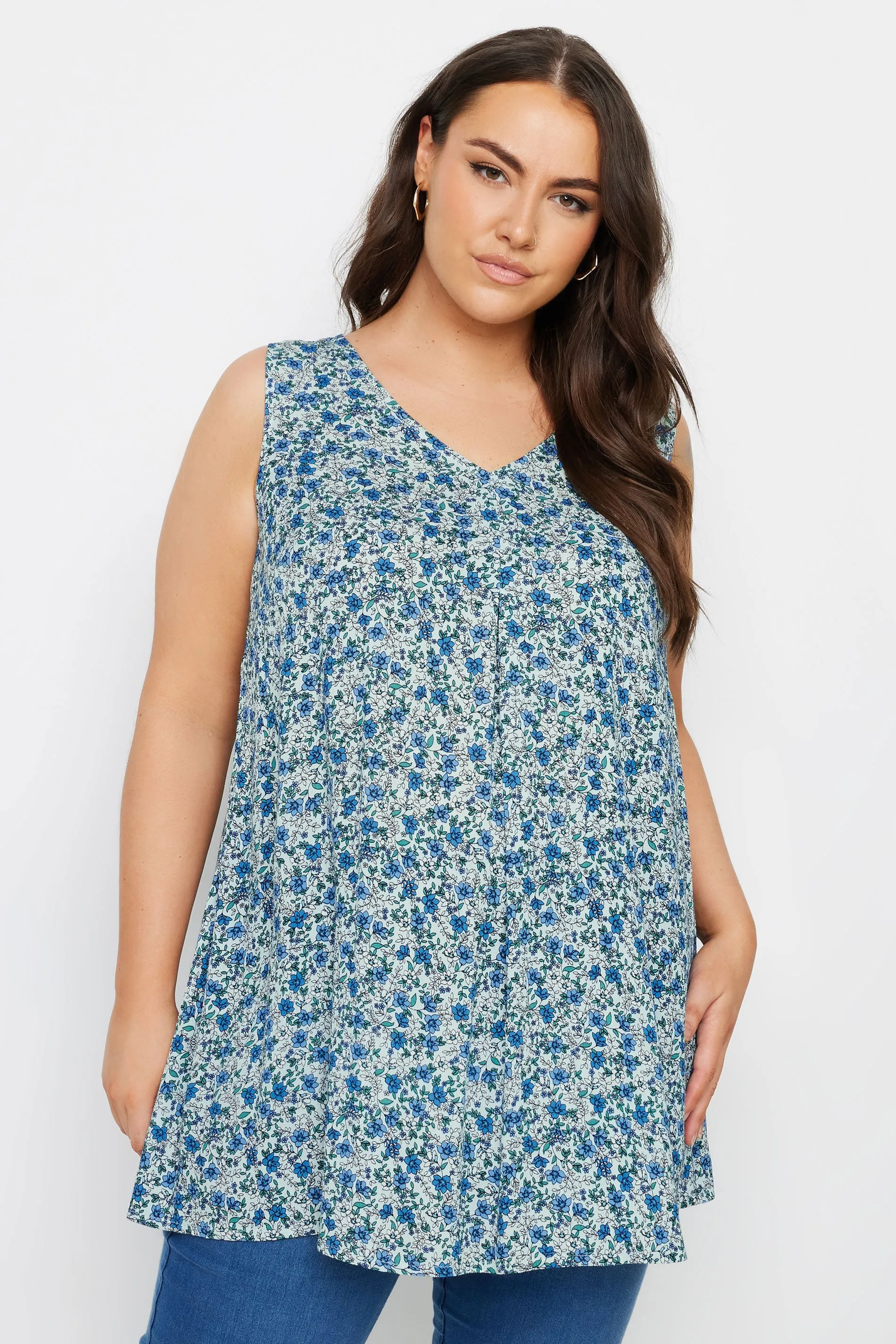 YOURS Curve Blue Floral Print Pleated Vest Top