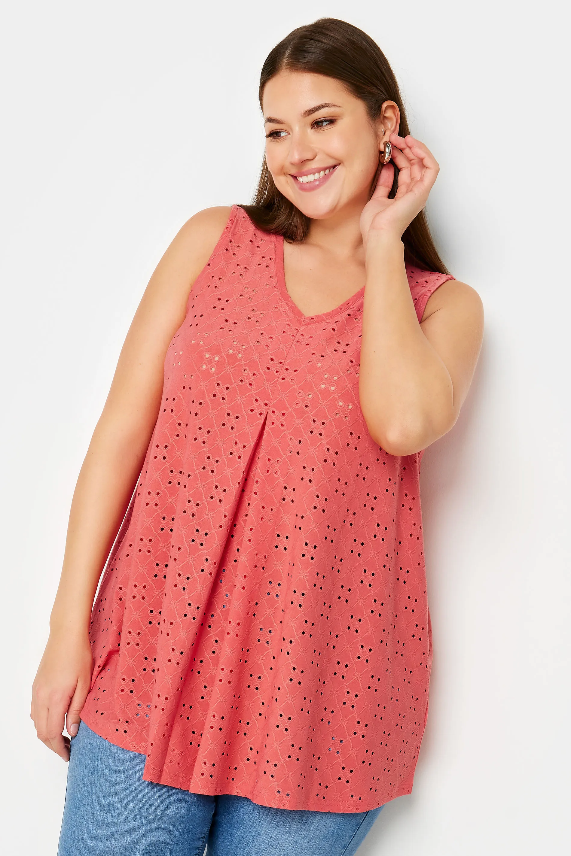 YOURS Curve Coral Pink Broderie Anglaise Swing Vest Top