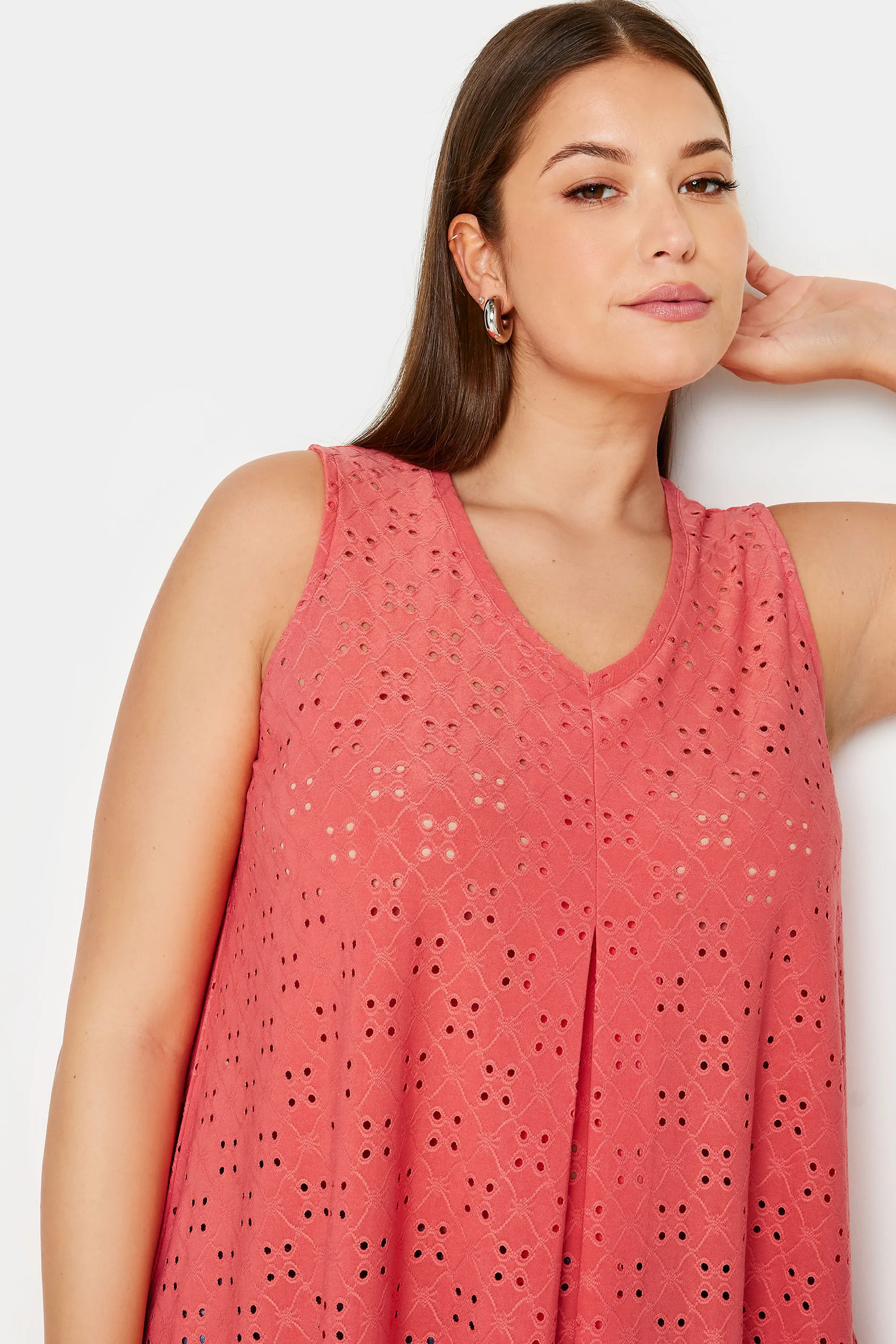 YOURS Curve Coral Pink Broderie Anglaise Swing Vest Top