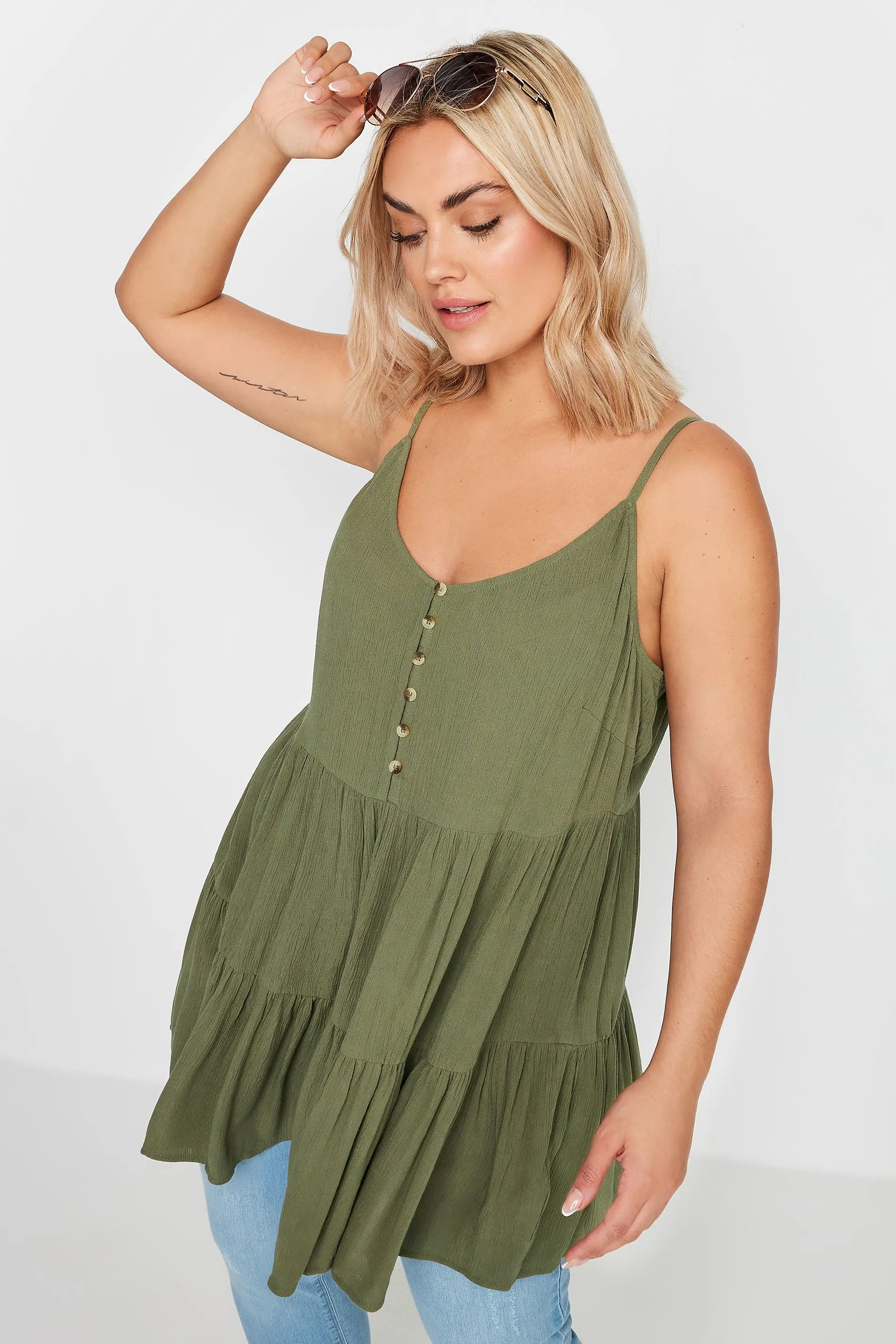 YOURS Curve Khaki Green Crinkle Tiered Vest Top