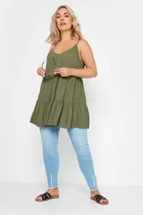 YOURS Curve Khaki Green Crinkle Tiered Vest Top