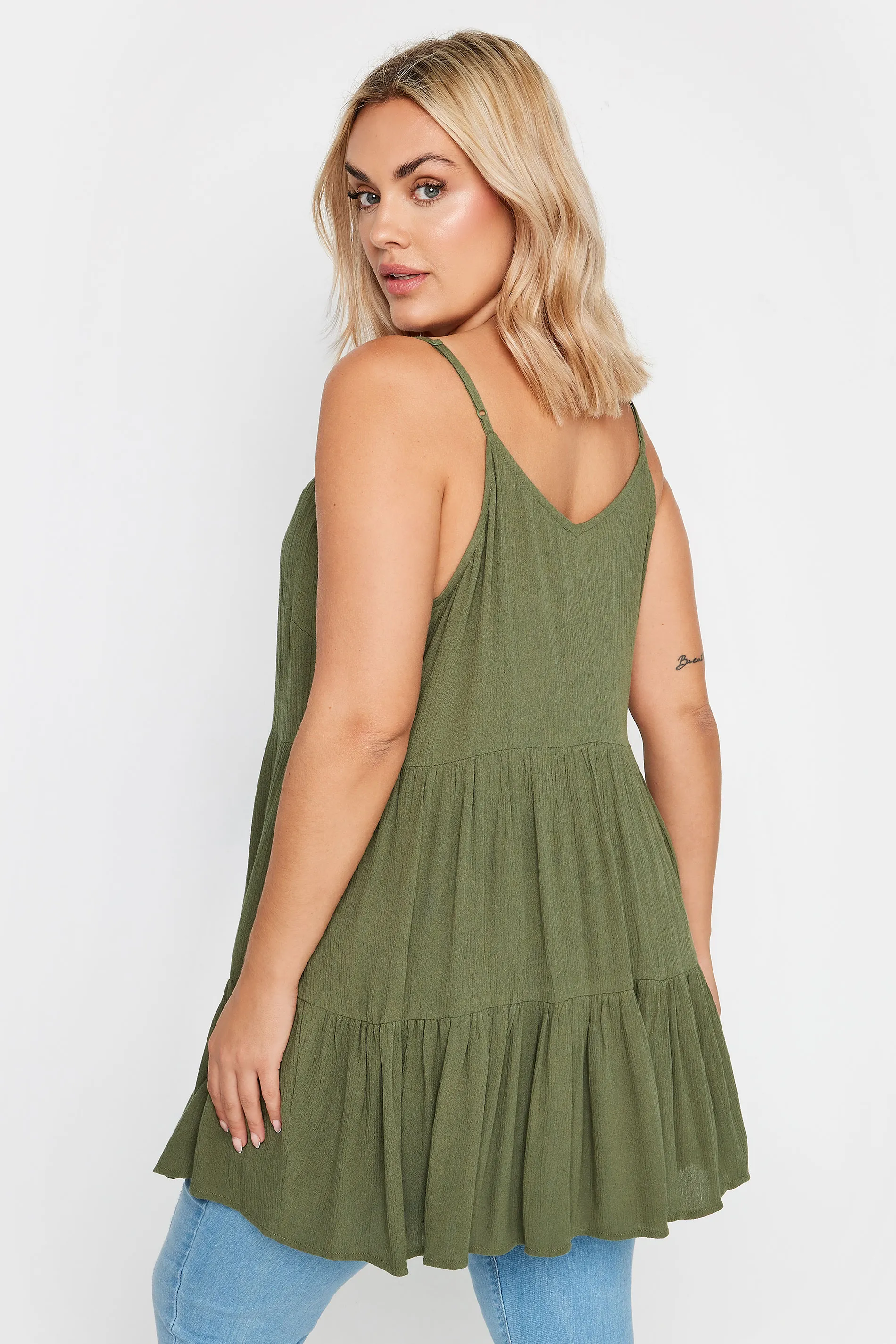 YOURS Curve Khaki Green Crinkle Tiered Vest Top