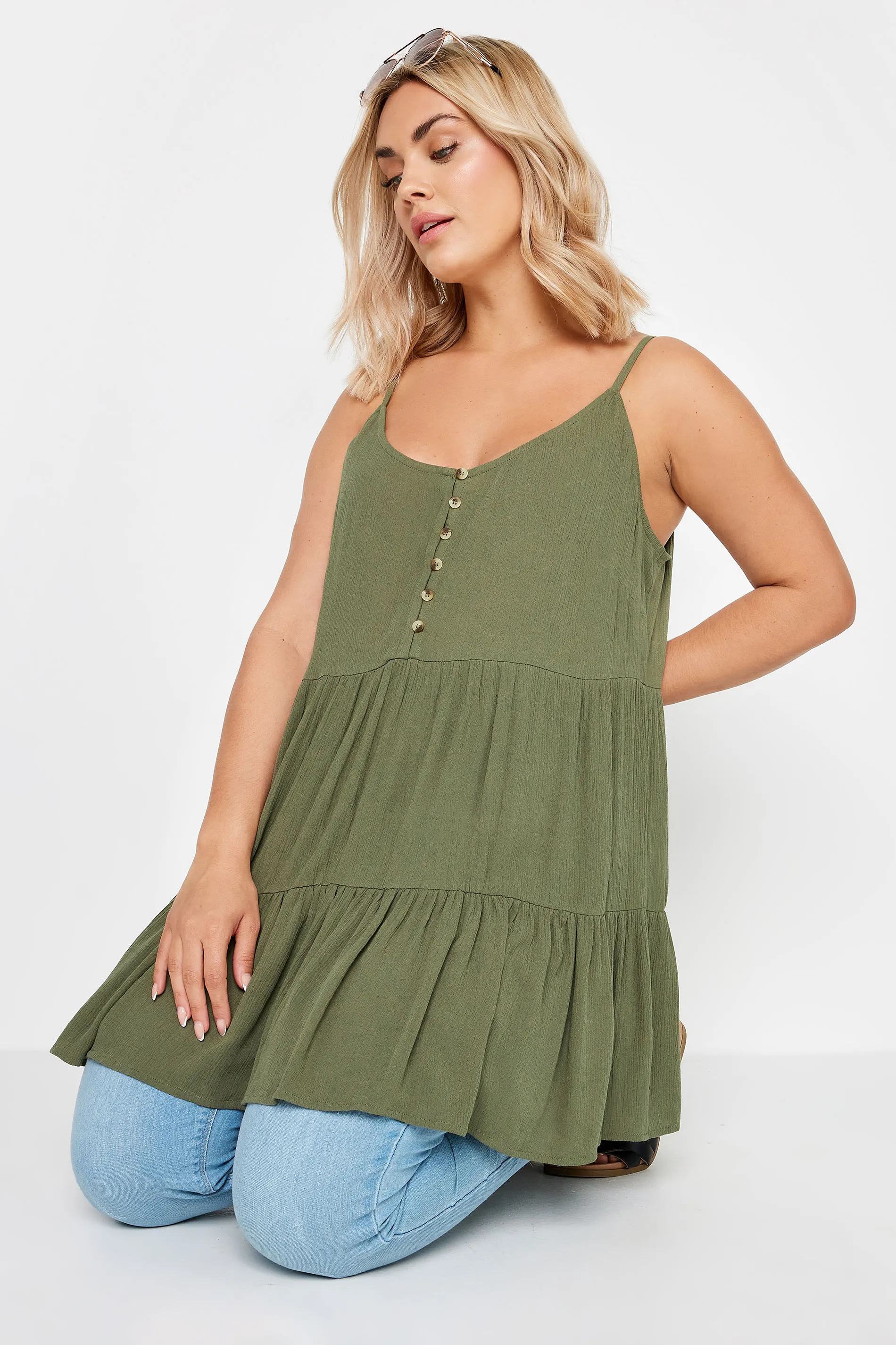 YOURS Curve Khaki Green Crinkle Tiered Vest Top