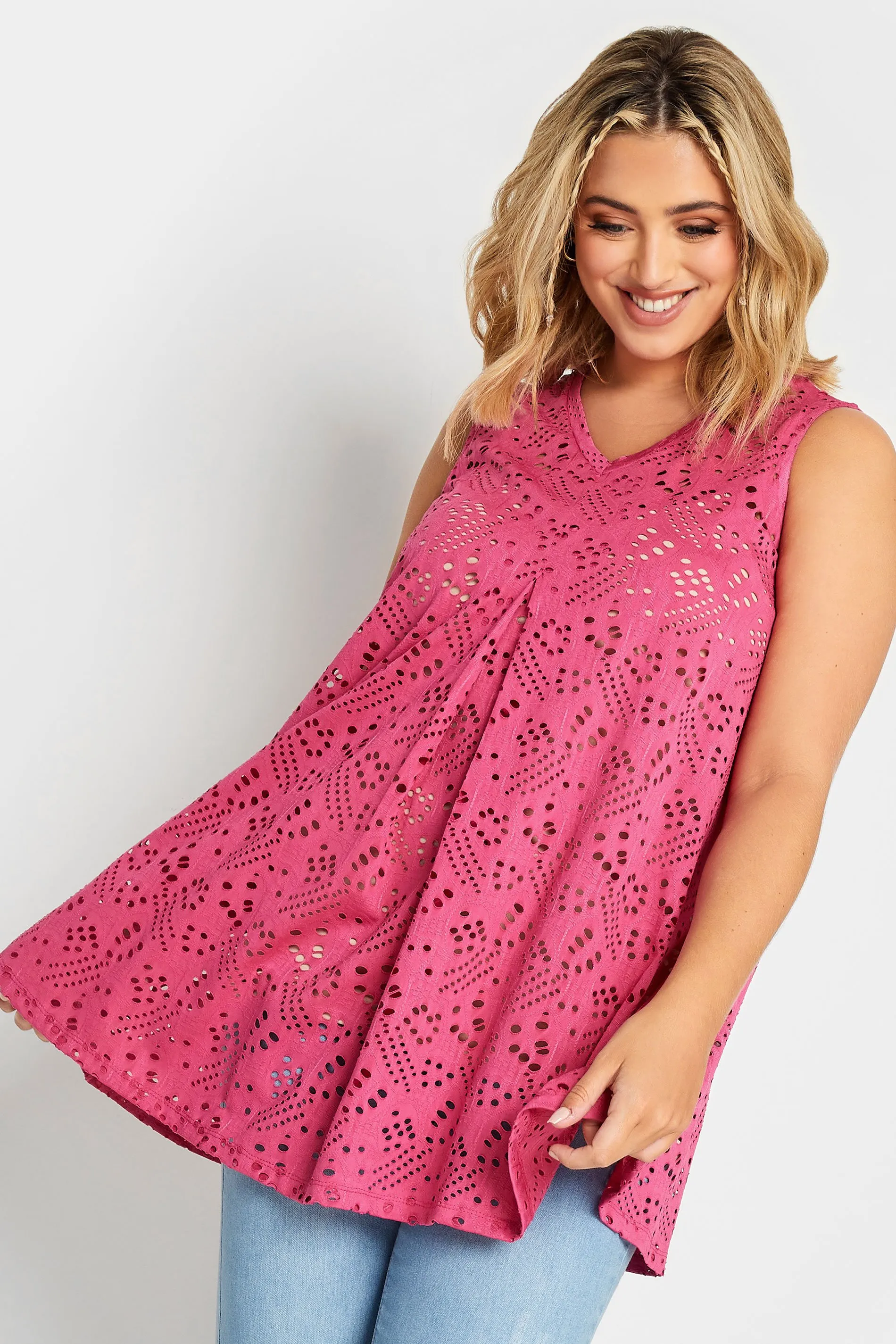 YOURS Curve Pink Broderie Swing Vest Top