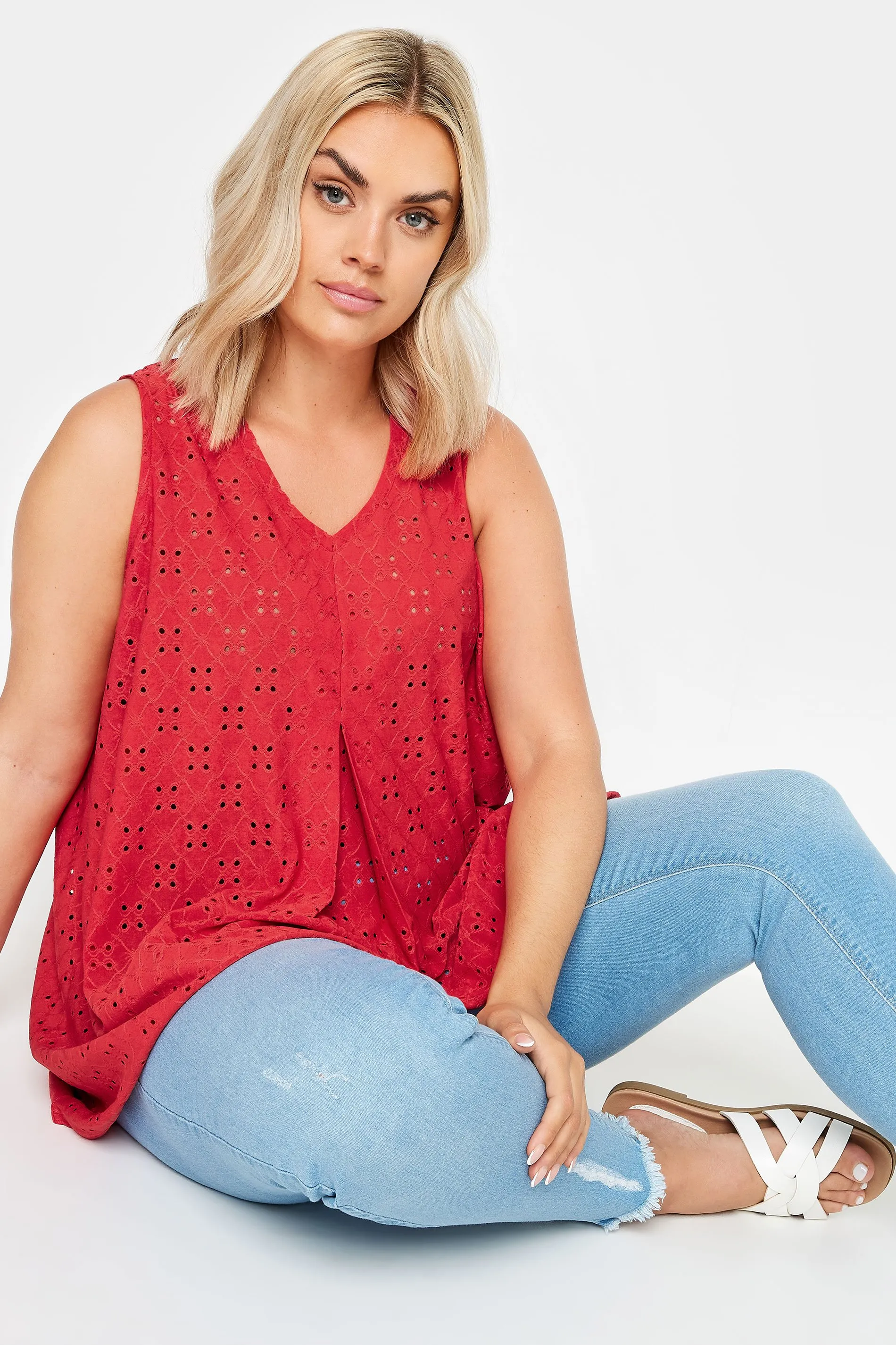 YOURS Curve Red Broderie Anglaise Swing Vest Top