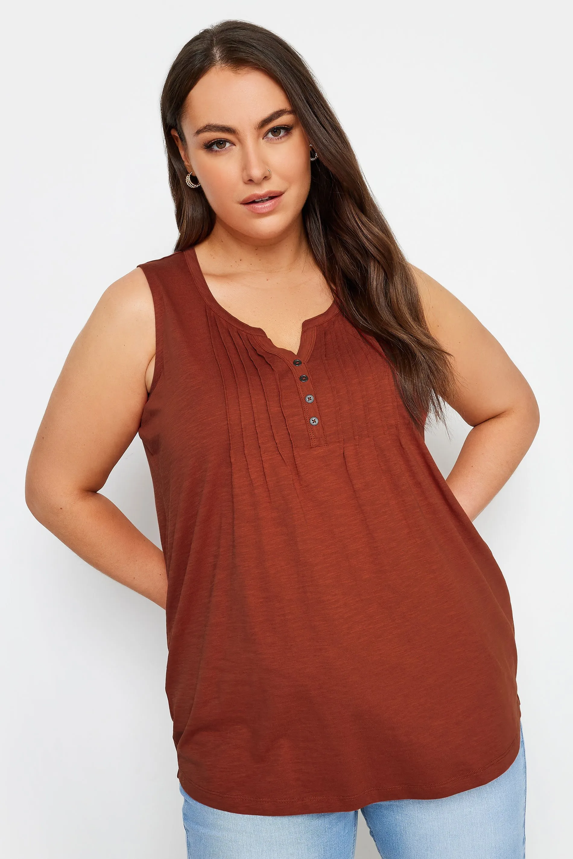 YOURS Curve Rust Orange Pintuck Henley Vest Top