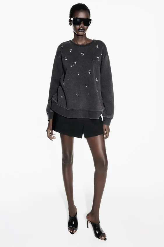 ZARA  |WASHED RHINESTONE SWEATSHIRT