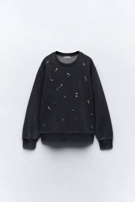 ZARA  |WASHED RHINESTONE SWEATSHIRT