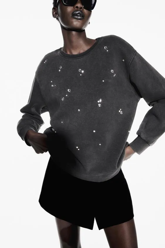 ZARA  |WASHED RHINESTONE SWEATSHIRT